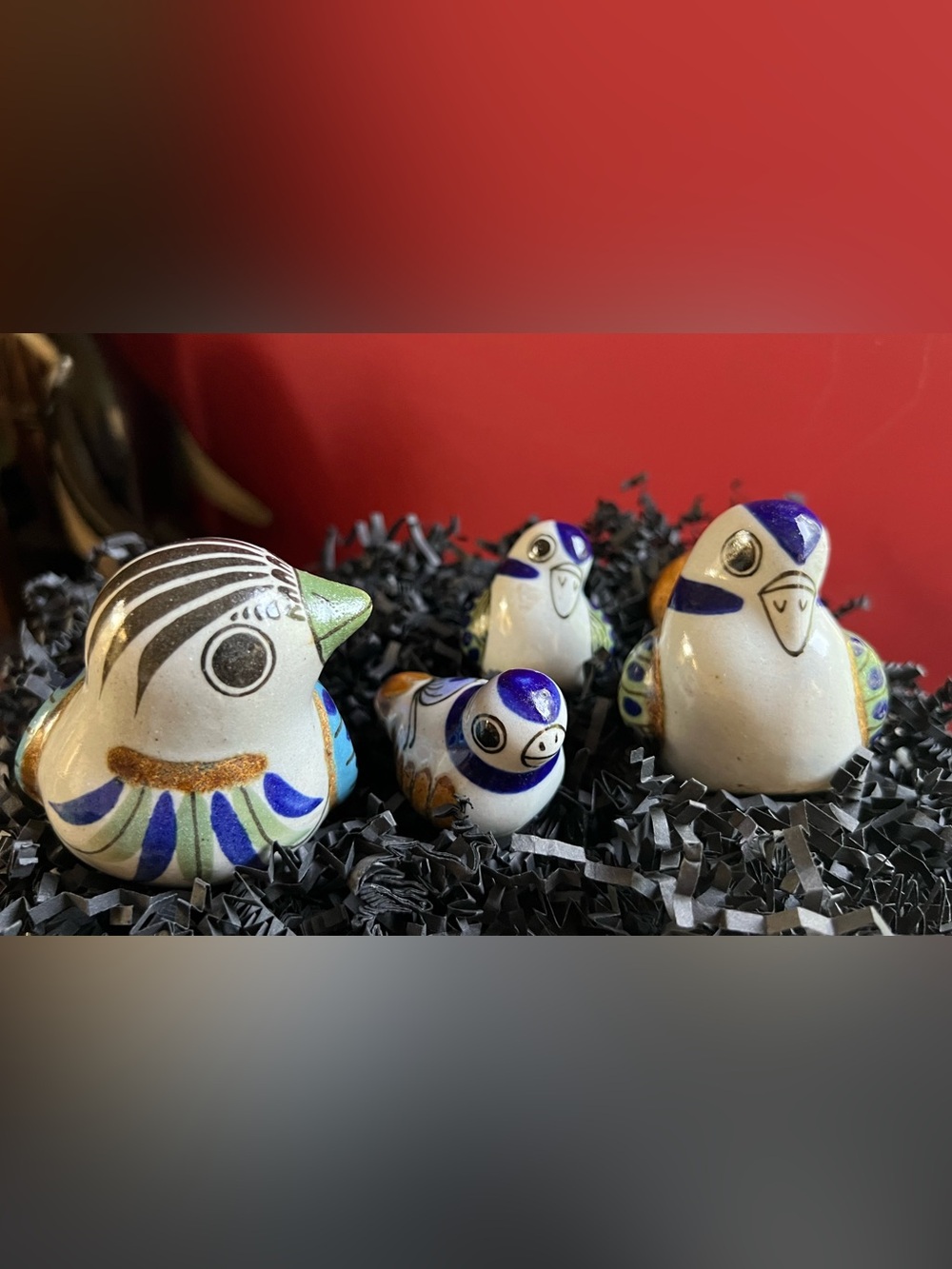 Vintage Tonala Mexican Pottery Bird Family Set 4 Hand Painted Folk Art Blue